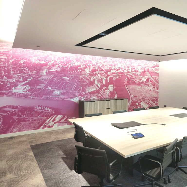 Feature vinyl wall print in the boardroom of a large office.