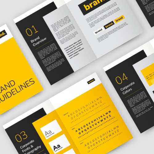 Mockup example showing fully designed and printed brand guidelines.