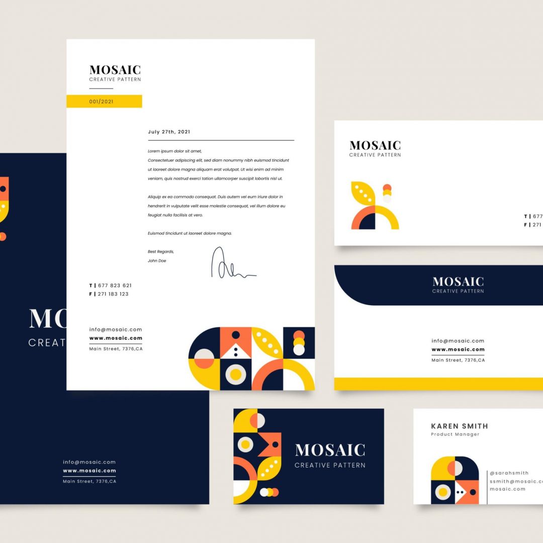 Examples of designed and printed corporate identity showing letterheads, compliment slips and business cards.