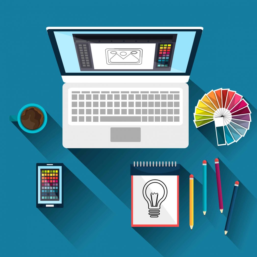 Illustrated mockup of a graphic designer's workspace