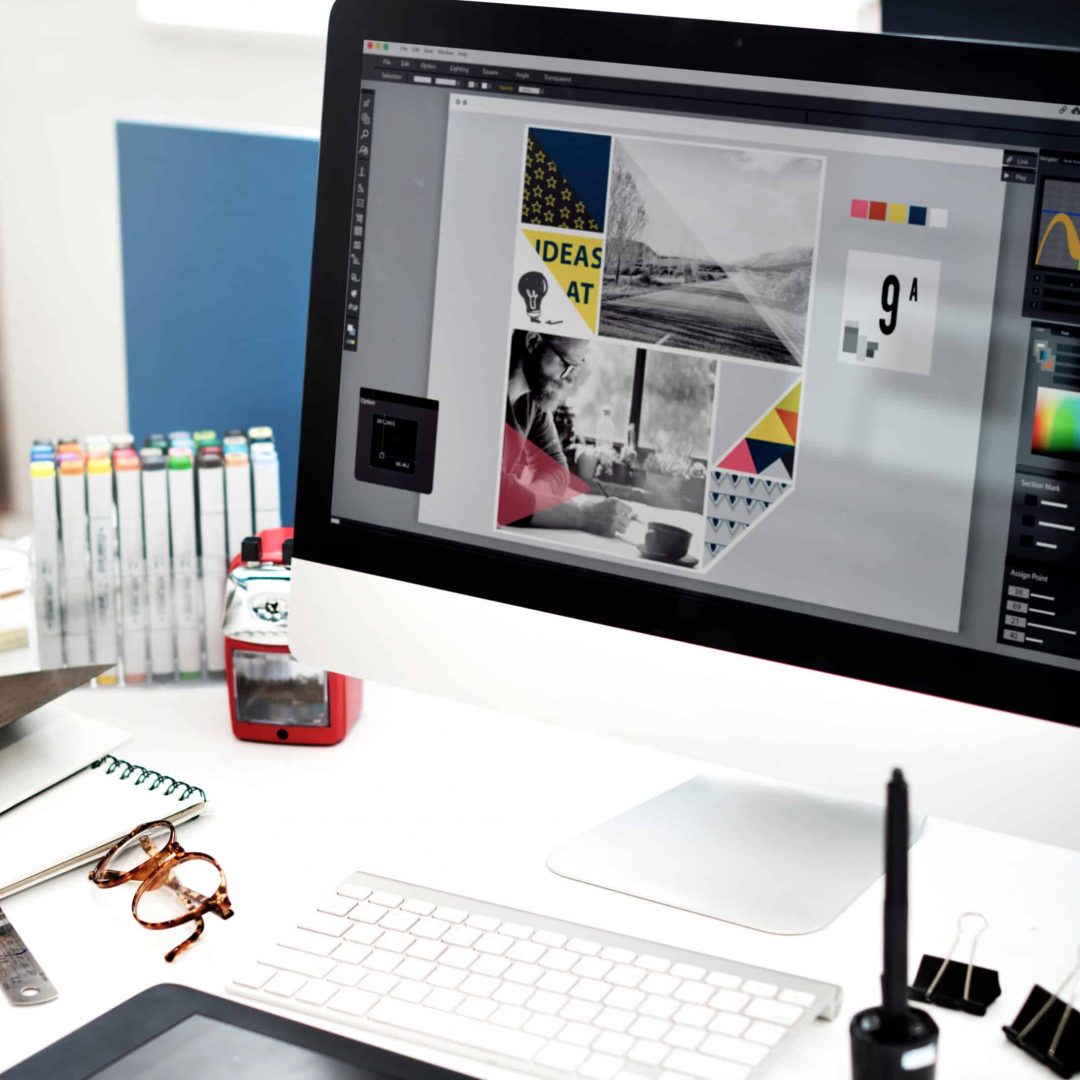 Brand Design Cover Graphic Designer's workspace showing a design being created in Adobe InDesign.